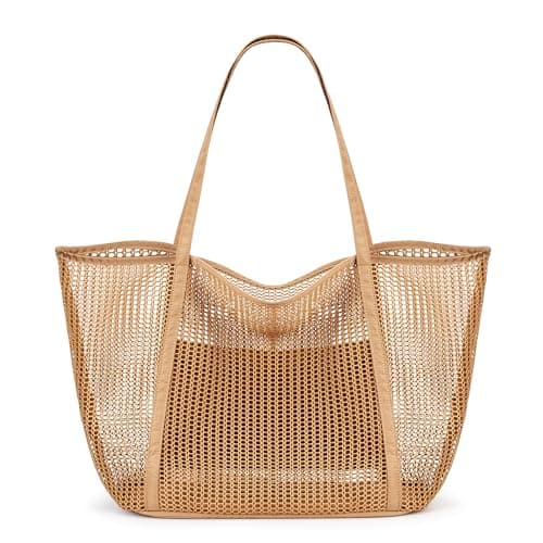 Image of KALIDI FANCY FOREST Foldable Mesh Beach Bag with Zip, 27L Large Mesh Tote Bags for Women Ladies Summer Beach Tote Bag for Holiday Travel,Khaki
