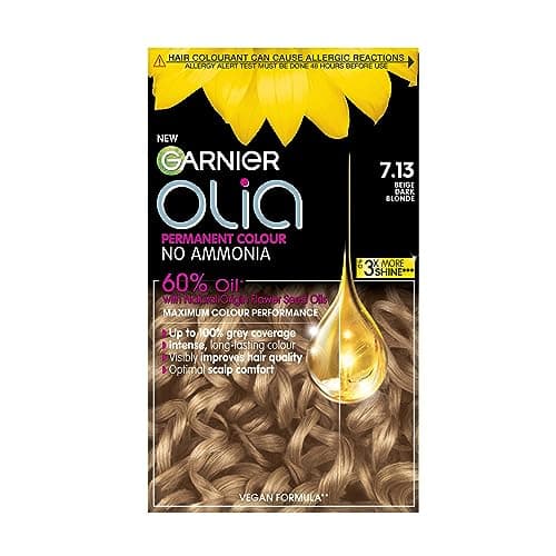 Image of Garnier Olia 7.13 Beige Dark Blond, oil-powered, no-ammonia. 100% grey coverage. Luminous, long-lasting, vibrant beige dark blonde color with exceptional shine.