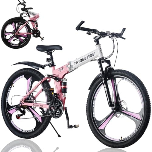 Image of LSBIKE 24 26 27.5In Foldable Mountain Bike Dual Suspension Hardtail Bicycle Men Women Mountain Bike 21 Speed Drivetrain Lightweight Frame Sport Cycling Bike for Adult (Pink White, 26inch)