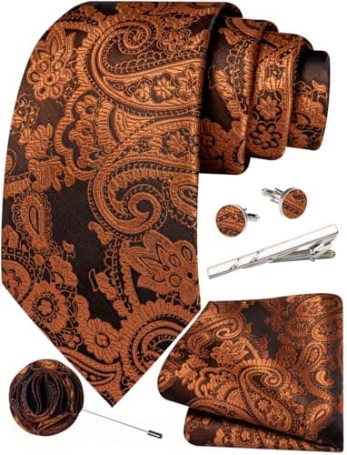 Image of Ailisus Black Rust Ties for Men Silk Paisley Necktie and Pocket Square Cufflinks Lapel Pin Tie Clip Set Wedding Formal 5PCS