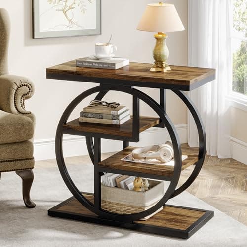 Image of Tribesigns End Table for Living Room, 4-Tier Narrow Side Table with Storage Shelves, Industrial Bedside Table for Bedroom, Wood Small Sofa Side Table with Geometric Metal Frame (1 PC, Rustic Brown)
