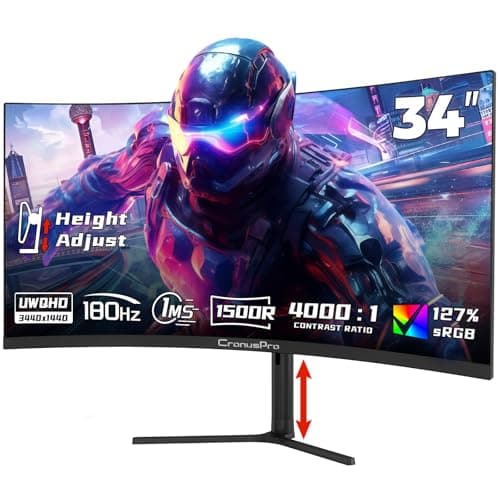 Image of CronusPro 34 Inch Ultrawide Curved Gaming Monitor, 180Hz, Height Adjustable Stand, UWQHD (3440x1440), Fast VA Panel 1500R, 1ms MPRT, Adaptive Sync, 4000:1, 21:9, 127% sRGB, HDMI/DP, VESA Mount Black