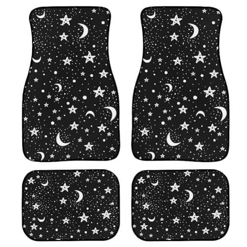 Image of Lonsant Stars and Moons Car Floor Mats Set of 4, Doodle Night Sky Pattern with White Stars and Moons, Universal Vehicle Front Rear Carpets, Galaxy Theme Car Accessories