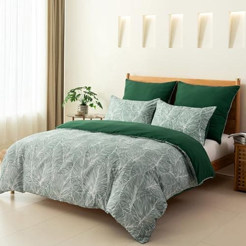 Image of Tokokimo Emerald Green Single Duvet Cover Set - Bedding Sets Plants Leaves Pattern, Soft Microfiber Single Duvet Cover 135x200 cm with Pillowcase for Kids Bed, Green/Tropical