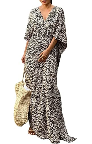 Image of FSMO Women's Elegant Beach Poncho Ethnic Print Loose Kaftan Smock Summer Maxi Dress, Yellow Leopard, One Size