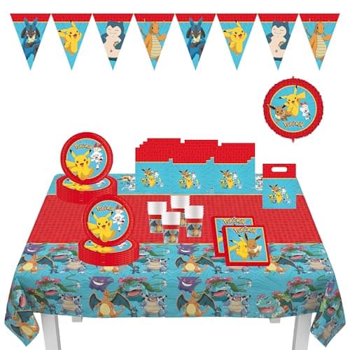 Image of Procos - Pokemon Birthday Decoration, 67 Pieces, for Children's Birthday Party with Disposable Party Tableware and Party Decoration