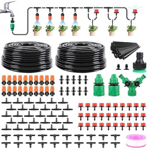 Image of LasTool 30M/98FT Drip Irrigation Kit,Automatic Garden Watering System with 1/4" Tubing,Adjustable Mist Sprayer Nozzles & Drip Emitters for Raised Bed,Patio,Lawn,Greenhouse-Easy DIY Installation