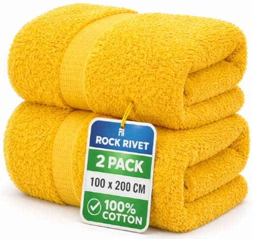 Image of 2-Pack Super Jumbo Bath Sheets Extra Large Size (100x200cm) - 100% Egyptian Cotton - 700 GSM Ultra-Absorbent Luxury Towels with Hanging Loop – XXL Big Size Beach Bath Towels Sets (Yellow)