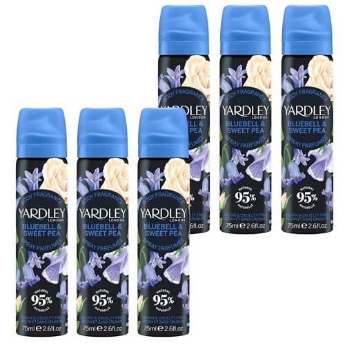 Image of Yardley London Bluebell and Sweetpea Body Spray, Floral Body Spray for Women with Notes of Citrus and Bergamot, Bluebell Body Mist for Women 6 x 75ml