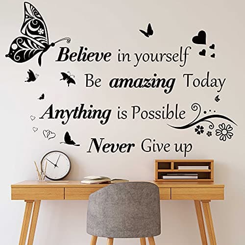 Image of Inspirational Wall Stickers Quotes Letter Wall Art Stickers Motivational Removable Wall Decor Positive Word Butterfly Decals Peel and Stick for Bedroom Living Room Hallways Family Office Classroom