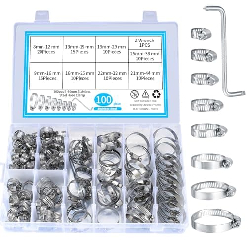 Image of 100 Pcs Hose Clips Adjustable 8-44mm Range, Stainless Steel Hose Clamps Assorted Kit, Water Pipe Clamps Clips Assorted with Screwdriver for Gas Automobile Pipe