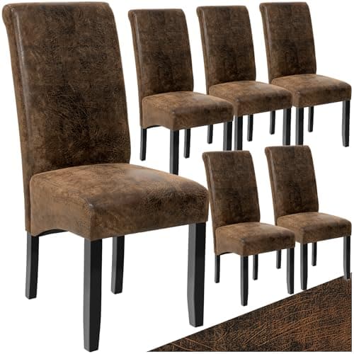 Image of tectake® Set of 6 Dining Chairs with Faux Leather Covers & Solid Hardwood Legs, Dining Chair Set with Ergonomic Design, Padding & High Backrests, Ideal as Desk & Kitchen Chairs - Antique Brown