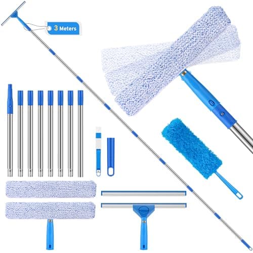 Image of COZCLAM 3m Window Squeegee Cleaner Kit with Extendable Pole, 3 in 1 Interchangeable Squeegee, Srubber and Duster, Telescopic Window Cleaner Tool with Refill for Roof, Home, Glass, Mirror