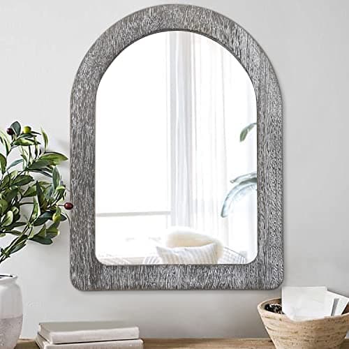 Image of AAZZKANG Mirrors for Wall Rustic Wood Arched Mirror for Bathroom Bedroom Living Room Decorative Hanging Mirror 50 x 40 cm