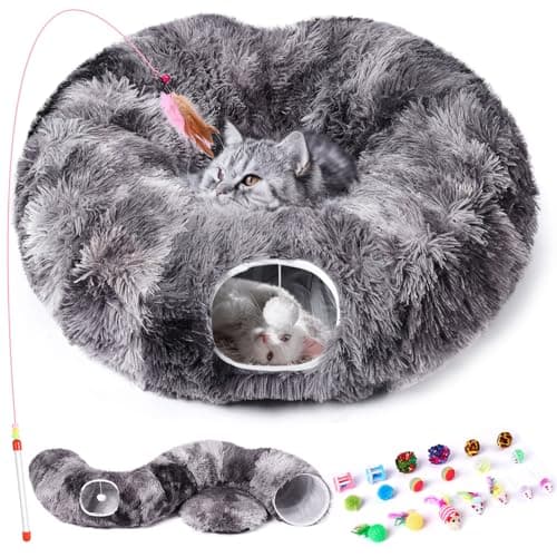 Image of Odoland Cat Tunnel Bed, Cat Donut Tunnel Bed with Washable Cushion Foldable Cat Toys Set Cat Tunnels for Indoor Cats Kitten Puppy Rabbits - Dark Grey
