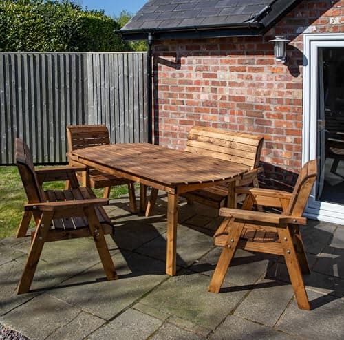 Image of Samuel ALEXANDER Hand Made 6 Seater Chunky Rustic Wooden Garden Furniture Table and Chairs Set
