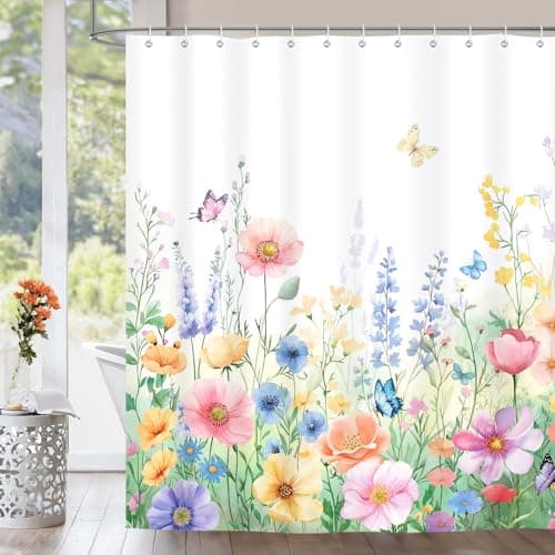 Image of Dazzlewall Floral Shower Curtain, Wildflowers Butterflies Waterproof Bathroom Curtain 180x180cm, Mildew and Mould Resistant Polyester Fabric with 12 Hooks