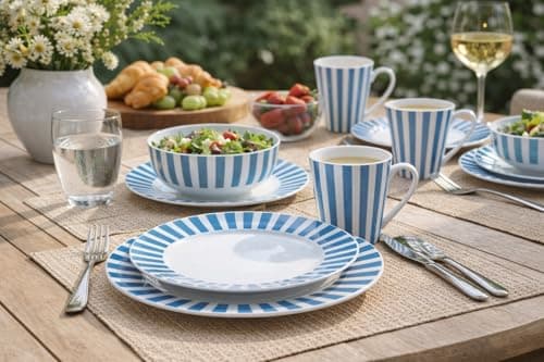 Image of 24pc Waterside Blue & White Stripe Porcelain Dinner Set; 6 Dinner Plates, 6 Side Plates, 6 Deep Bowls & 6 Mugs - Dishwasher & Microwave Safe