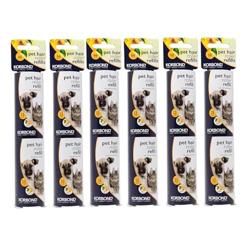 Image of Korbond 12 Pack of 9.8m PET SAFE Lint Roller REFILLS– 396 Sticky Pre-Cut CITRUS SCENTED Sheets- Suitable for ALL FABRIC TYPES - Removes Pet Hair from Furniture and Clothes - Leaves NO RESIDUE