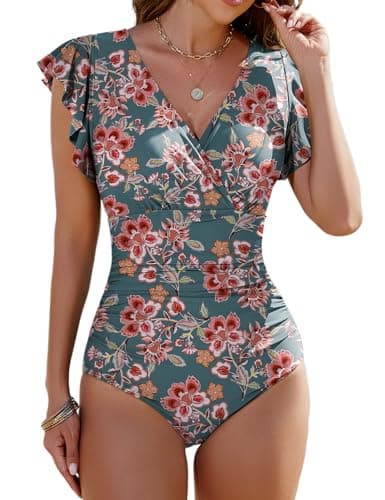 Image of Vancavoo Swimming Costume Women One Piece Swimsuits Ruched Tummy Control Ladies Swimwear Ruffle Sleeve Push Up Wrap V Back Bathing Suit，Orange Print，XL