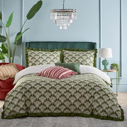 Image of furn. Deco Palm Printed Duvet Cover Set – Reversible Bedding with Ruffle Trim (Green – Single)