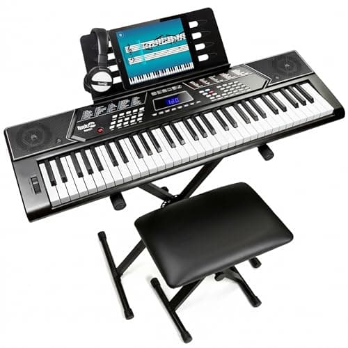 Image of Rockjam RJ5061 RockJam 61 Key Keyboard Piano With Pitch Bend Kit, Keyboard Stand, Piano Bench, Headphones, Simply Piano App & Keynote Stickers, Black