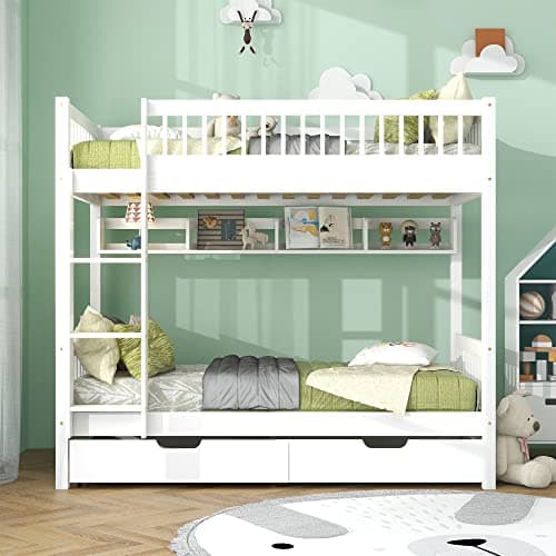 Image of BTM Bunk Bed, 3FT Wooden Bunk Beds with Drawer Storage, Pine Bunk Beds with Shelf, White (90x190cm)