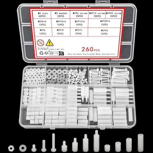 Image of Ewwtrey 260 Pcs m3 Male Female Nylon Spacer Standoff Screw Nuts, Assorted White Nylon Threaded Pillars, Standoff Spacer Pillar Screws and Nuts Washers Assortment Kit for PCB Board Motherboard