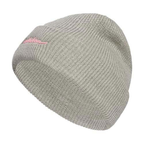 Image of adidas Women's Script Beanie, standard fit cuffed acrylic knit hat/cap for winter, Heather Grey/Semi Pink Spark/Grey, One Size