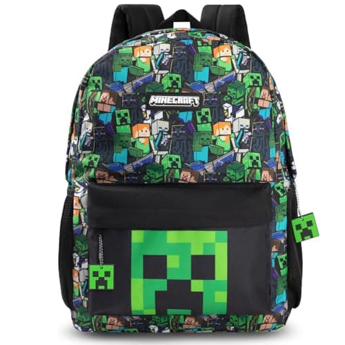 Image of Minecraft Steve & Creeper Multicolour Backpack | Graphic Print Zip-Up School Bag | Kids Rucksack with Adjustable Straps | Unisex Book Carrying Merch