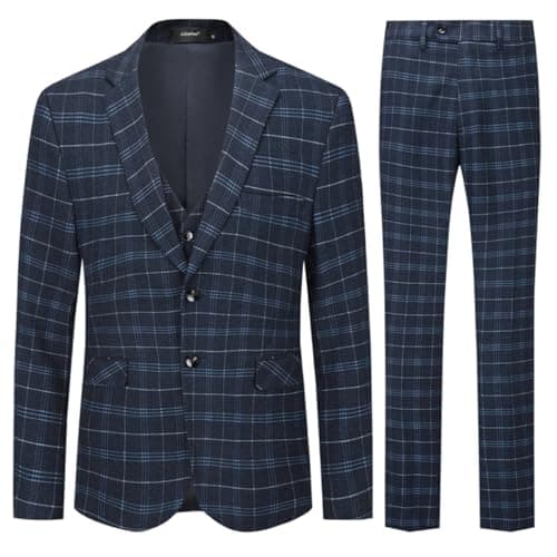 Image of Mens Suits 3 Piece Slim Fit Checked Suit Single Breasted Herringbone Vintage Suit Tuxedo Formal Business Jacket Waistcoat Trouser, Black, XXL