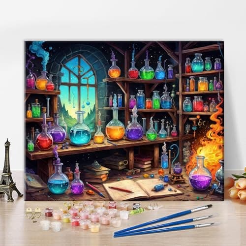 Image of TISHIRON Magic Lab Paint by Numbers for Adults, Fantasy Magic Potion DIY Acrylic Paint by Number Kits on Canvas, Magical Book Oil Painting for Gift Home Wall Decor 16"x20"(Frameless)