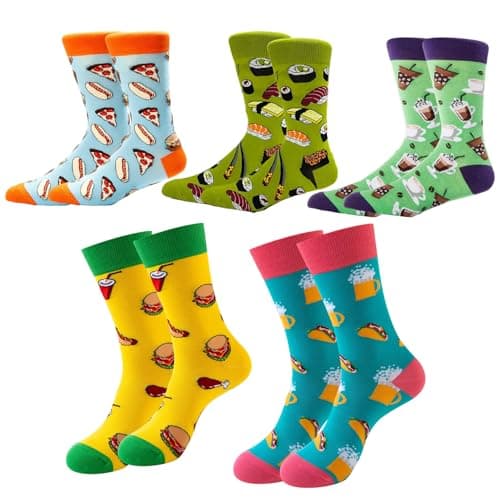 Image of Funny Socks for Women and Men, 5 Pairs Food Themed Novelty Crew Socks, Unisex Colourful Patterned Casual Gift Idea for Food Lovers, Cotton Rich Funky Socks, UK 4-11, Birthday Stocking Filler