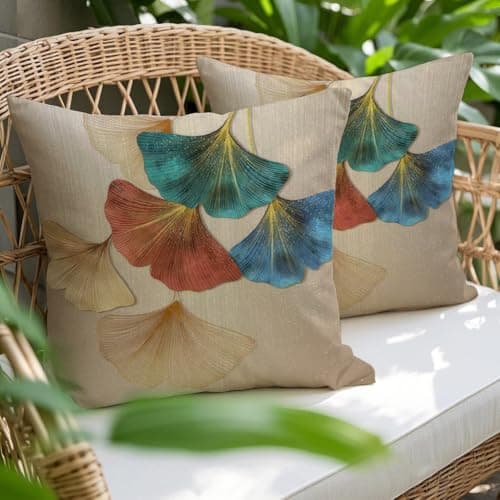 Image of Miuyunya Set of 2 Linen Cushion Covers, Colourful 45 x 45 cm, Outdoor Cushion, Decorative Cushion, Ginkgo Leaves Cushion Cover, Waterproof, Country House Style Cushion Covers, Spring Cushion Covers