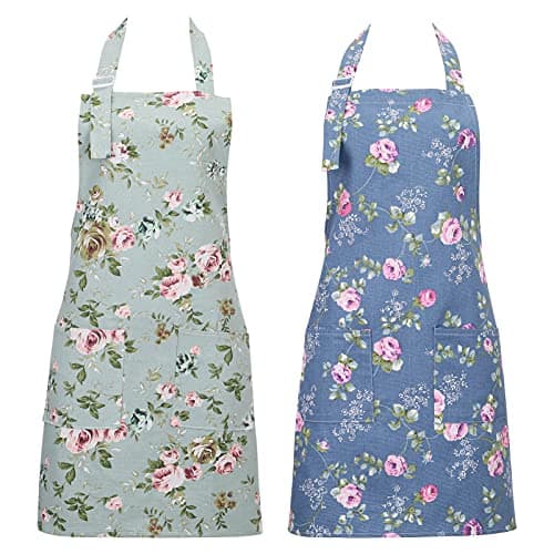 Image of FANTESI 2 Pack Kitchen Aprons for Women, Adjustable Floral Aprons Chef Bakers Apron Cooking Apron with Big Pockets for Cooking Baking Gardening (Flowers)