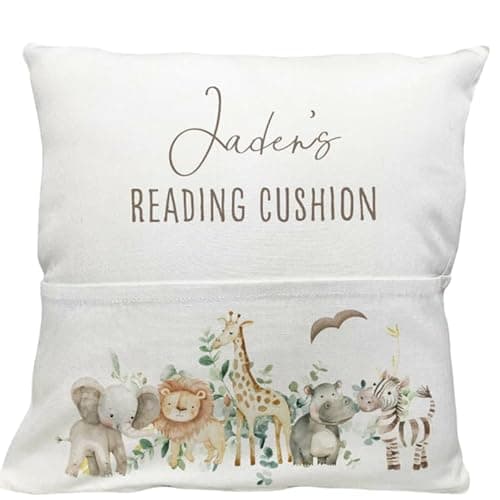 Image of Personalised Safari Reading Cushion for Kids | Custom Name Pocket Pillow with Lion & Elephant | Toddler Story Time Gift for Nursery Decor 40x40cm