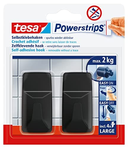 Image of tesa Powerstrips Self-Adhesive Hooks - 2 x Large Square Shaped Hooks for Tiles, Glass, Plastic and Other Surfaces - Strong Hold, Up to 2kg - Black