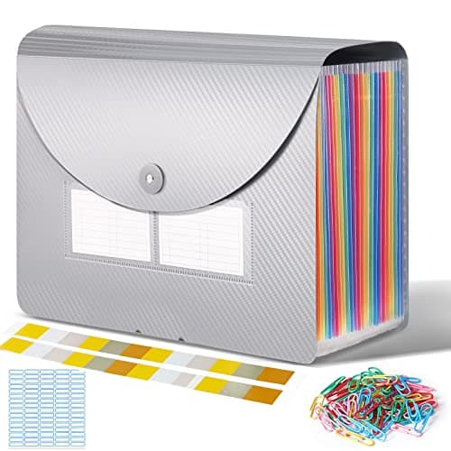 Image of Expanding File Organisers, Document Organiser with 24 Pockets, Portable Accordion Folder File, A4 Filing Folders Plastic Wallets Storage Box with Lid, Labels and Clips