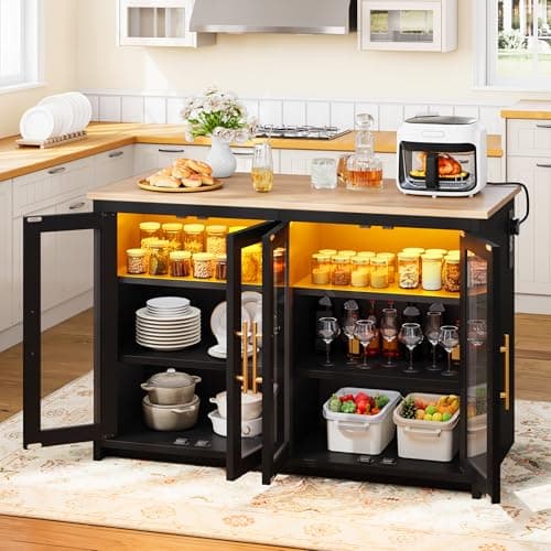 Image of YITAHOME kitchen island with Power Outlet and LED Lights, breakfast bar table with seating space, double cabinets with Acrylic Doors, three layer adjustable Cabinet, 130*60*88.5cm, Yellow oak effect