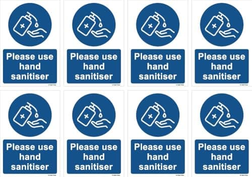 Image of The Signal Range Pack of 8 self adhesive vinyl safety signs 80mm wide x 115mm deep - Please use hand sanitiser