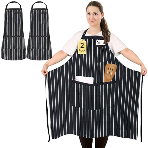 Image of FunChaos 2 Pack Plus Size Stripe Kitchen Apron, Adjustable Chef Apron with 3 Pockets, Large Bib Cotton Aprons for Men Women, Cooking Aprons for Gardening Baking BBQ Painting Restaurant, Black