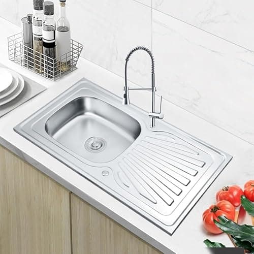 Image of RUMO 9050 Stainless Steel Kitchen Sink 1.0 One Single Large Deep Bowl Reversible Sinks with Drainer 900 x 500mm Inset Life Time Warranty Includes Wastes & Plumbing Kit