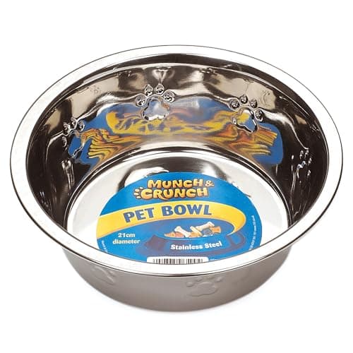 Image of Munch & Crunch Stainless Steel Dog Bowl | Pet Food or Water Bowl | Durable & Easy To Clean - Paw Print Design (20cm / 1.2 Litres)