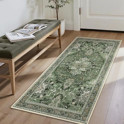 Image of GENIMO Runner Rug 80x150cm – Dark Green Non-Slip Carpet Runner for Hallway, Kitchen or Bedroom – Machine Washable, Fade-Resistant, Bohemian Design