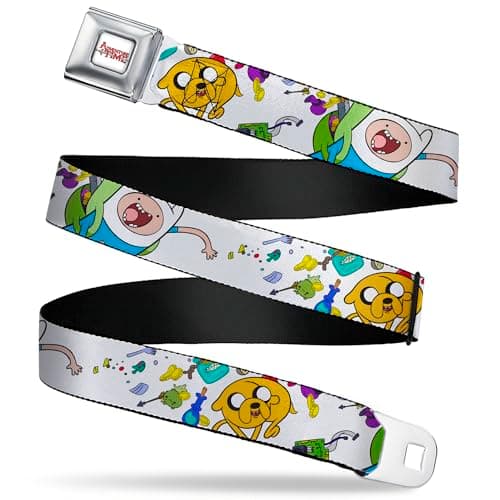 Image of Cartoon Network Belt, Seatbelt Buckle Belt, Adventure Time Jake and Finn Open Pack Pose White, Adjustable, White, 3.81 cm Wide