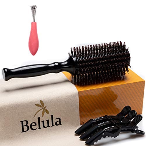 Image of Boar Bristle Round Brush for Blow Out Set by Belula. Round Hair Brush For Blow Drying. Medium 2.4” Wooden Barrel. Hairbrush Ideal to Add Volume and Body. Free 3 x Hair Clips & Travel Bag
