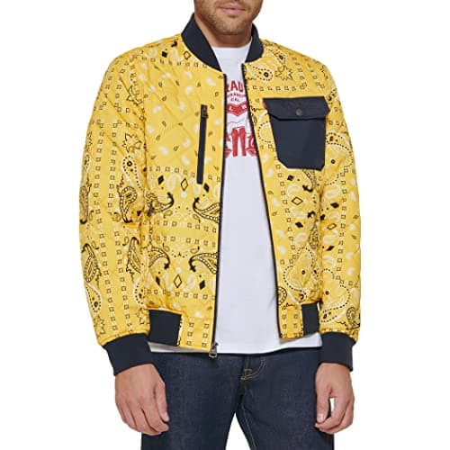 Image of Levi's Men's Diamond Quilted Bomber Jacket, Yellow Bandana, XL