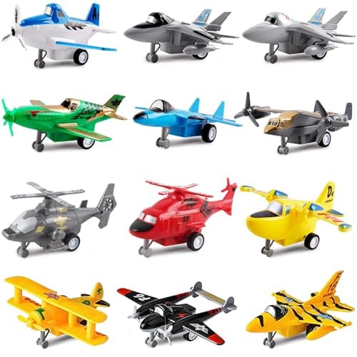 Image of deAO Set of 12 Pull Back Airplanes, Aeroplane Toys, Helicopter Toy, Playset Includes Helicopters, Stealth Bombers, Fighter Jets, Aircraft, Planes, Role-Play Aircraft Models, Birthday Gift for Kids