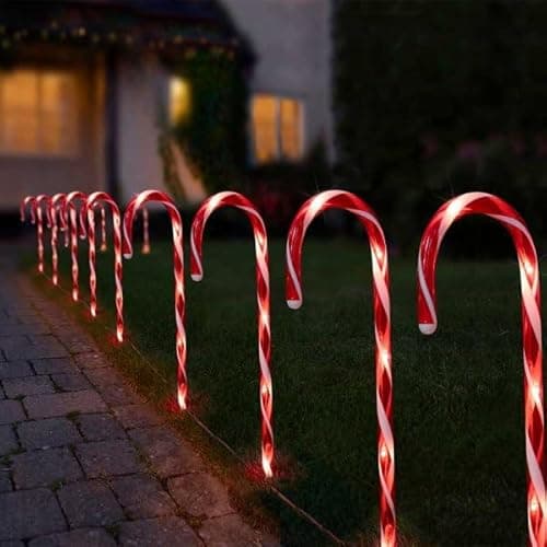 Image of Marco Paul 12 Candy Cane Christmas Pathway Lights - Battery Operated with 60 LEDs Outdoor Christmas Lights - Durable Outdoor Xmas Decorations for Garden, Patio, Pathway