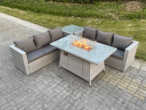 Image of FMSGarden Light Grey Corner Rattan Fire Pit Garden Furniture Set Gas Heater Burner Lounge Sofa Dining Table With Side Coffee Table